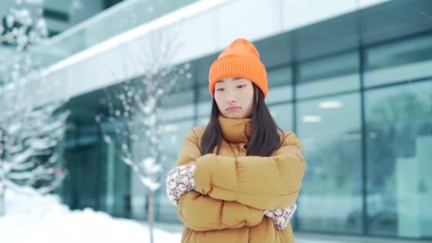 Portrait Sad Unhappy Disappointed Cute Asian Girl Stands Alone City — 图库视频影像