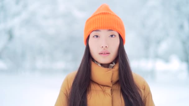 Retrato Belleza Joven Mujer Asiática Pie Sobre Fondo Nieve Parque — Vídeo de stock