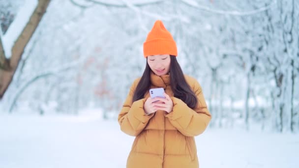 Tânăra Asiatică Parc Întâlnire Așteptând Într Înzăpezită Iarnă Online Folosește — Videoclip de stoc