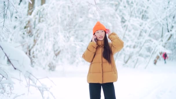 Молода Азіатка Розмовляє Мобільному Телефону Йдучи Сніжною Зимою Парку Або — стокове відео