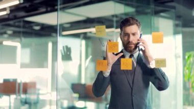 İş adamı telefonda konuşuyor, modern bir ofiste cam bölme duvarının arkasında, kağıt yığınlarıyla fikirlerin kontrol edildiği renkli kağıt yapıştırmalarıyla ilgili planlar, gelecek planları.