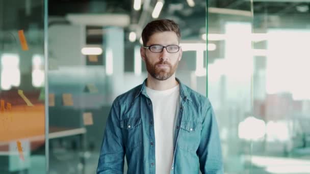 Retrato Joven Barbudo Confiado Hombre Independiente Oficina Moderna Interior Trabajador — Vídeos de Stock