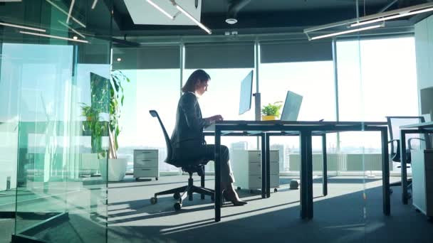 Silhouette Einer Geschäftsfrau Die Einem Computertisch Einem Modernen Glasbüro Sitzt — Stockvideo
