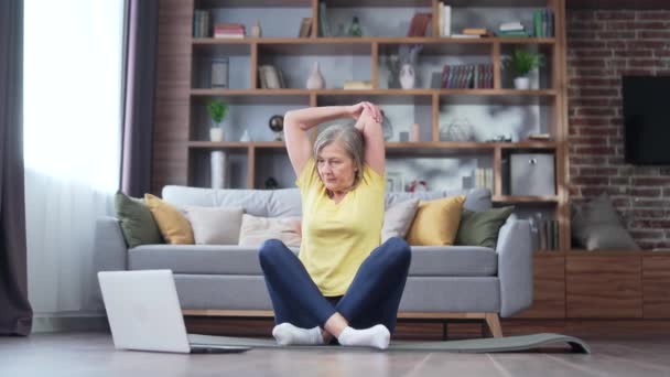 Senior Active Gray Haired Woman Doing Exercise Fitness Aerobics Stretching — Wideo stockowe