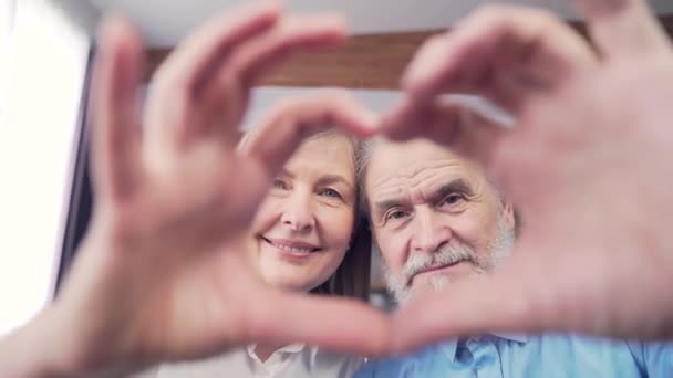 Afectuosos Velhos Avós Casal Idosos Felizes Fazer Forma Coração Gesto — Vídeo de Stock
