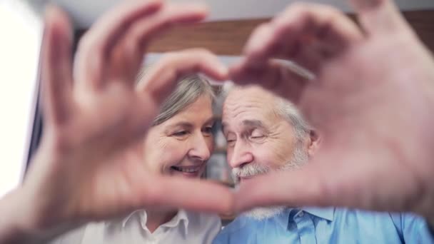 Zärtliche Glückliche Senioren Großeltern Machen Herzförmige Handgesten Schauen Sie Sich — Stockvideo