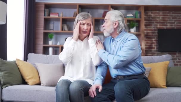 Senior Mature Man Helping Her Woman Headache Stress Pain Old — Stock Video