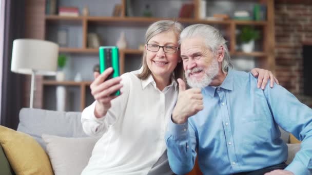Starší Osoby Rodina Seniorů Šťastní Šedovlasí Prarodiče Komunikují Online Prostřednictvím — Stock video