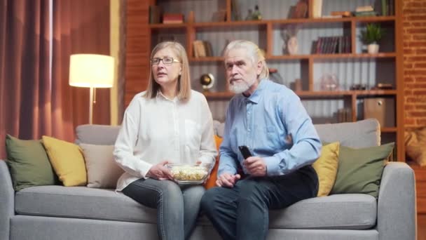 Disappointed Football Fans Senior Couple Watching Sport Match Competitions Television — Stock Video