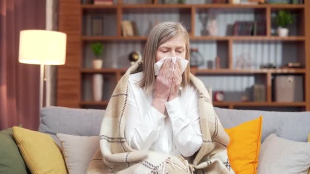 Gray Hair Aged Elderly Woman Flu Symptoms Sitting Couch Blowing — Videoclip de stoc