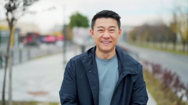 Portrait Happy Young Adult Smiling Asian Man Standing City Street — Stock videók