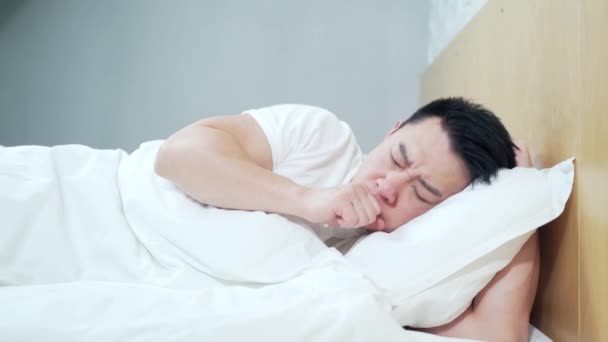 Asian Man Lying Sick Bed Runny Nose Coughing Flu Home — Stock Video