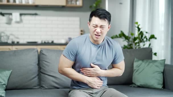 Hombre Asiático Sufre Dolor Abdominal Mientras Está Sentado Casa Sofá — Vídeo de stock