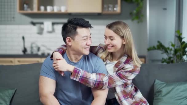 Cheerful Portrait Multi Ethnic Married Couple Embracing Looking Camera While — Stock Video