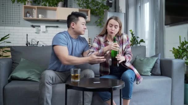 Asian Husband Alcoholic Drinks Strong Alcohol Home His Wife Quarrels — Stock Video