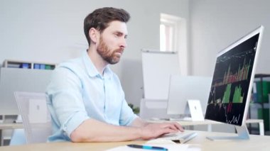 Confident business man stocks broker sitting in front of monitor screen in office analyzing stat of index charts data analyses market trend. Forex trading agency worker agent reviewing profits growth
