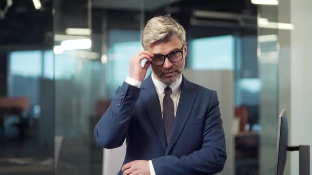 一个成熟的成年灰胡子商人穿着正式西装 打着领带 在现代玻璃办公室看着相机的画像 有信心的资深商人 跨行业企业家 — 图库视频影像