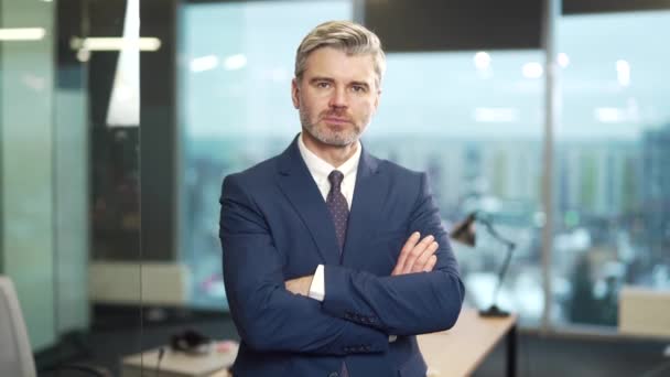 长胡子的 成熟的 灰白头发的商人公司高管站在一个现代化的办公室里看着相机 自信的生意人正装老板叉起臂膀成功的领导 — 图库视频影像
