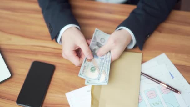 Businessman Hands Counting Money Pulling Out Envelope Desk Office Desktop — Stockvideo