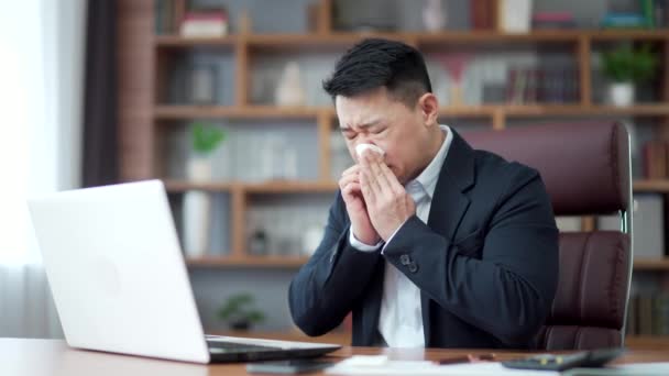 Mature Businessman Asian Male Worker Suffers Headache Allergies Sneezes Runny — Stock Video