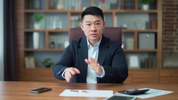 Portrait Angry Asian Business Man Employee Looking Camera Webcam Evil — Vídeos de Stock