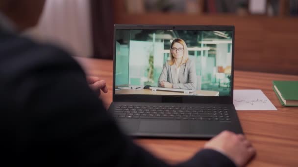 Business Online Video Chat Colleague Using Laptop Table Office Closeup — стокове відео