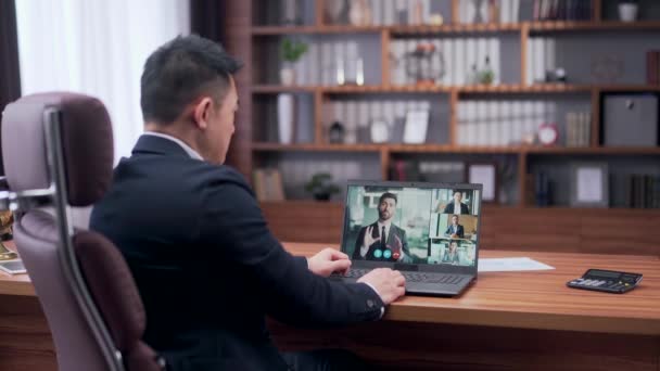 Rear View Asian Businessman Holds Business Meeting Looking Monitor Laptop — Stockvideo