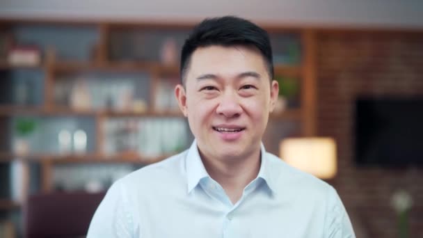 Close Portrait Happy Asian Guy Employee Entrepreneur Office Worker Shirt — Stock videók