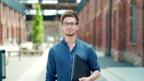 Portrait Handsome Young Male Student Casual Denim Shirt Glasses Looking — Αρχείο Βίντεο