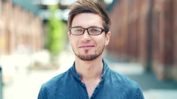 Portrait Handsome Young Male Student Casual Denim Shirt Glasses Man — Αρχείο Βίντεο