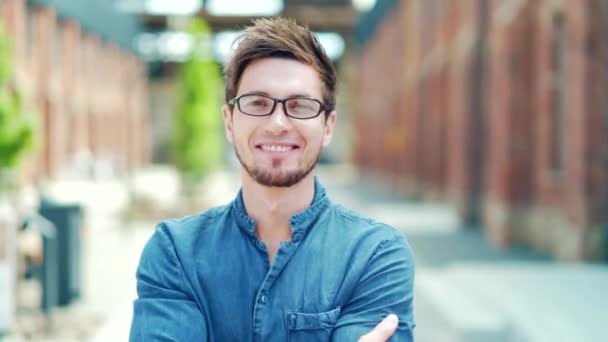Portrait Handsome Young Male Student Casual Denim Shirt Glasses Man — Vídeos de Stock