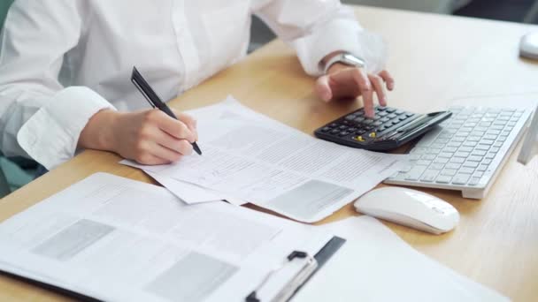 Cropped Hands Close Young Woman Accountant Clerk Working Documents Office — Stockvideo