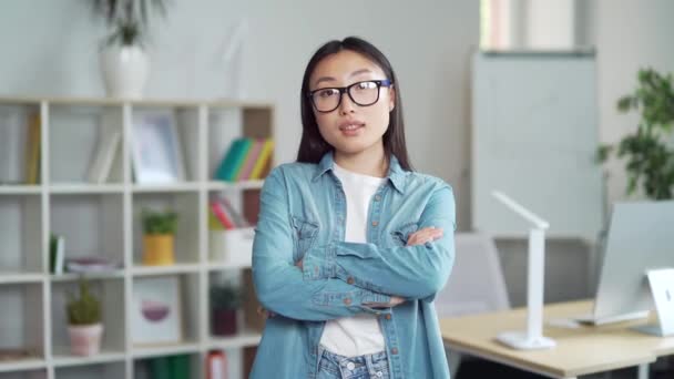 Serious Asian Woman Office Worker Glasses Standing Indoors Modern Office — Stock video