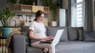 young pregnant business woman works remotely make a meeting, conference, briefing or interview online by video call using webcam laptop computer. Female freelancer is busy at home during pregnancy