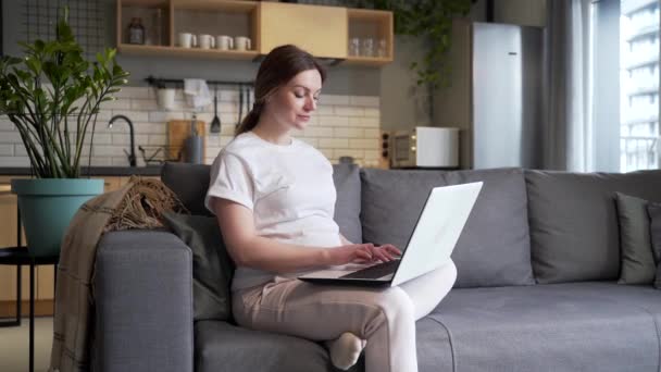 Pregnant Woman Works Laptop Computer Online Remotely Sitting Home Sofa — стокове відео