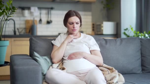 Pregnant Woman Feeling Unwell Suffering Morning Sick Home Headache Depression — Αρχείο Βίντεο