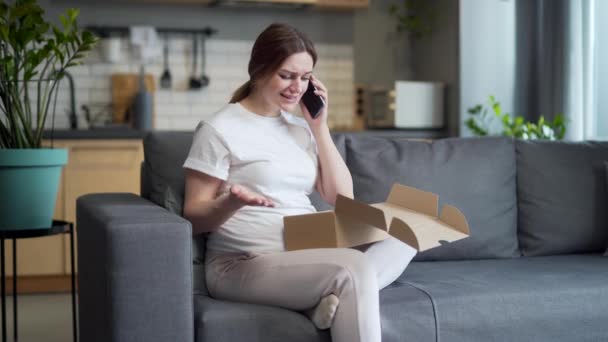 Upset Pregnant Woman Home Angry Disappointed Received Wrong Parcel Female — Stok video