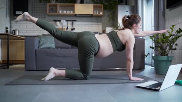 Вагітна Жінка Робить Фізичні Вправи Килимку Вдома Допомогою Ноутбука Онлайн — стокове відео