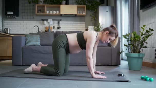 Young Active Pregnant Woman Doing Yoga Exercises Sitting Mat Indoors — Stockvideo