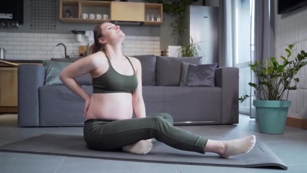 Pregnant Woman Feels Ache Body Exercise Holding Her Leg Back — Stock video