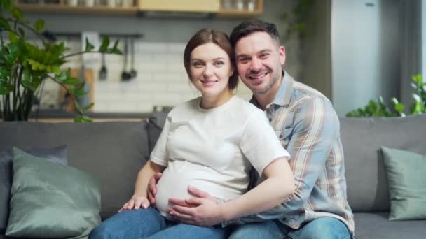 Portrait Happy Family Pregnancy Home Young Happy Family Caucasian Couple — Stock video