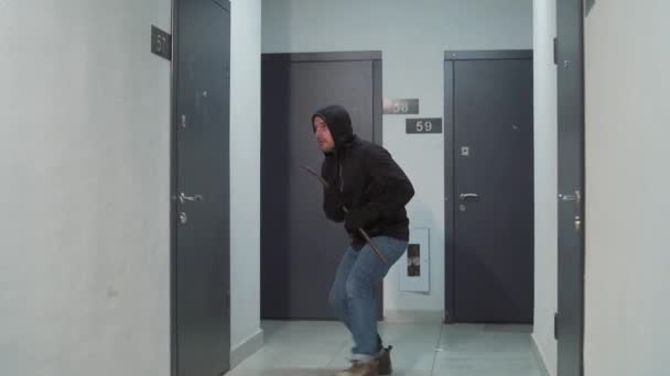 Burglar Thief Breaks Door House Apartment Enters Surveillance Camera Type — Stockvideo
