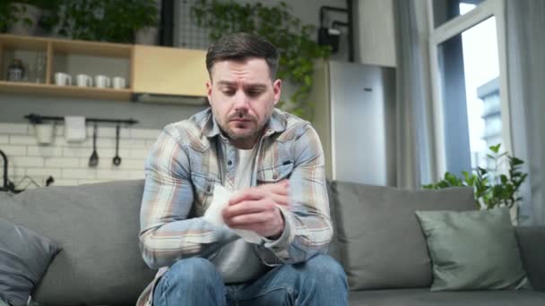 Portrait Sick Handsome Bearded Man Coughing Flu Cold Sitting Sofa — 图库视频影像