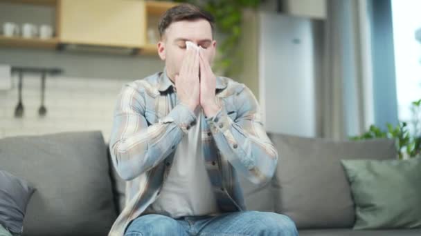 Portrait Sick Handsome Bearded Man Coughing Flu Cold Sitting Sofa — стокове відео