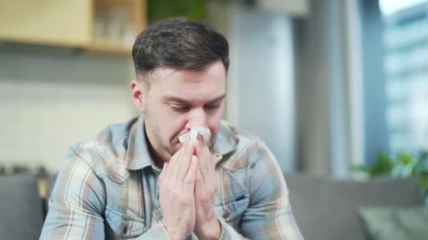 Portrait Sick Handsome Bearded Man Coughing Flu Cold Sitting Sofa — 图库视频影像