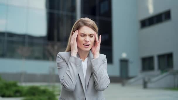 Stressed Overworked Female Severe Headache Massages Head Exhausted Young Business — Stock video