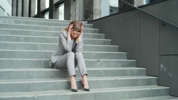 Sad Business Woman Employee Depression Office Worker Formal Suit Sitting — стоковое видео