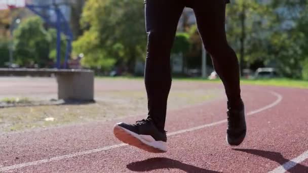 Pernas Homem Corredor Correndo Uma Pista Corrida Esportiva Estádio Atletismo — Vídeo de Stock