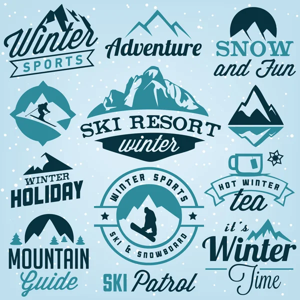 Kış sporları rozetleri ve Etiketler topluluğu. vektör tasarım öğeleri vintage tarzı