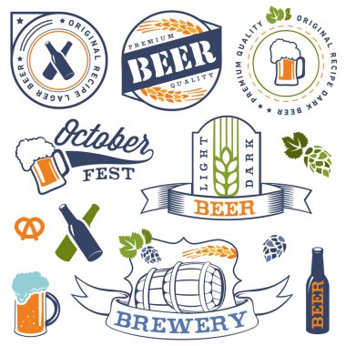 Vintage tarzı bira tasarım öğeleri koleksiyonu. Vektör çizimler
